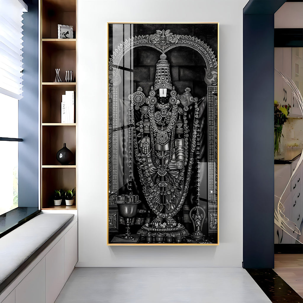 Classic Black and White Lord Venkateswara Acrylic Wall Painting with Traditional Temple Design