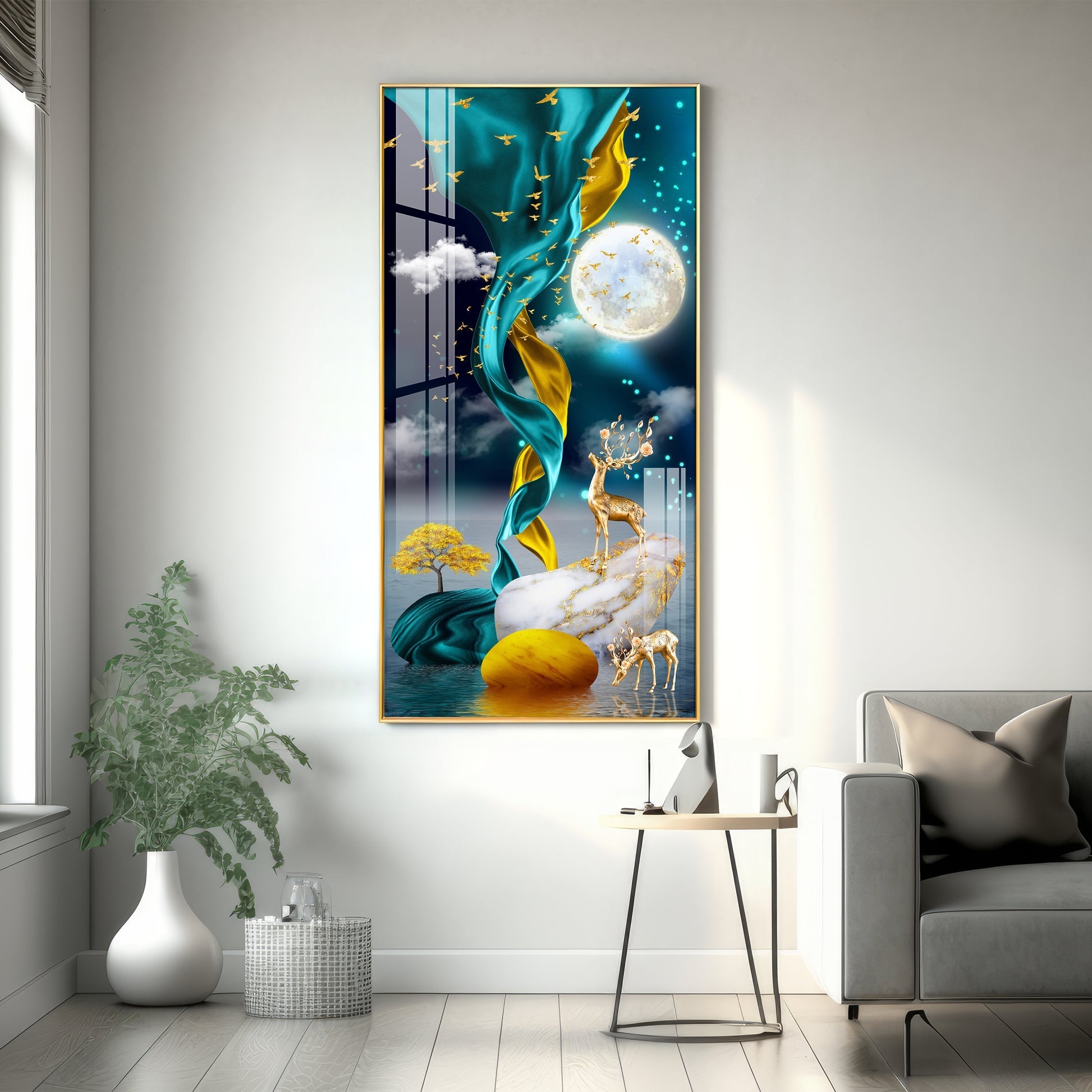 Luxury Abstract Deer Landscape Acrylic Wall Painting with Moonlight Sky and Golden Elements