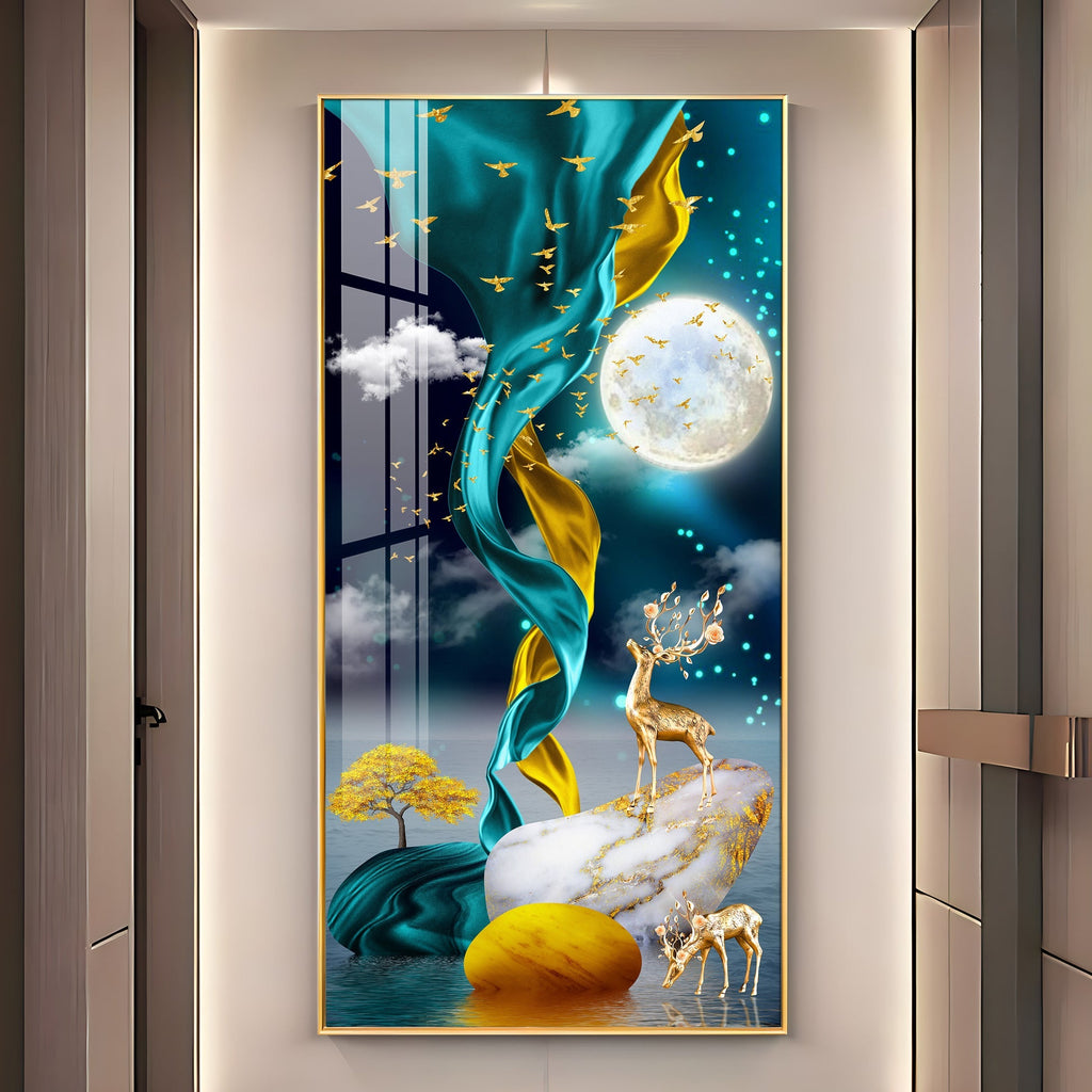 Luxury Abstract Deer Landscape Acrylic Wall Painting with Moonlight Sky and Golden Elements