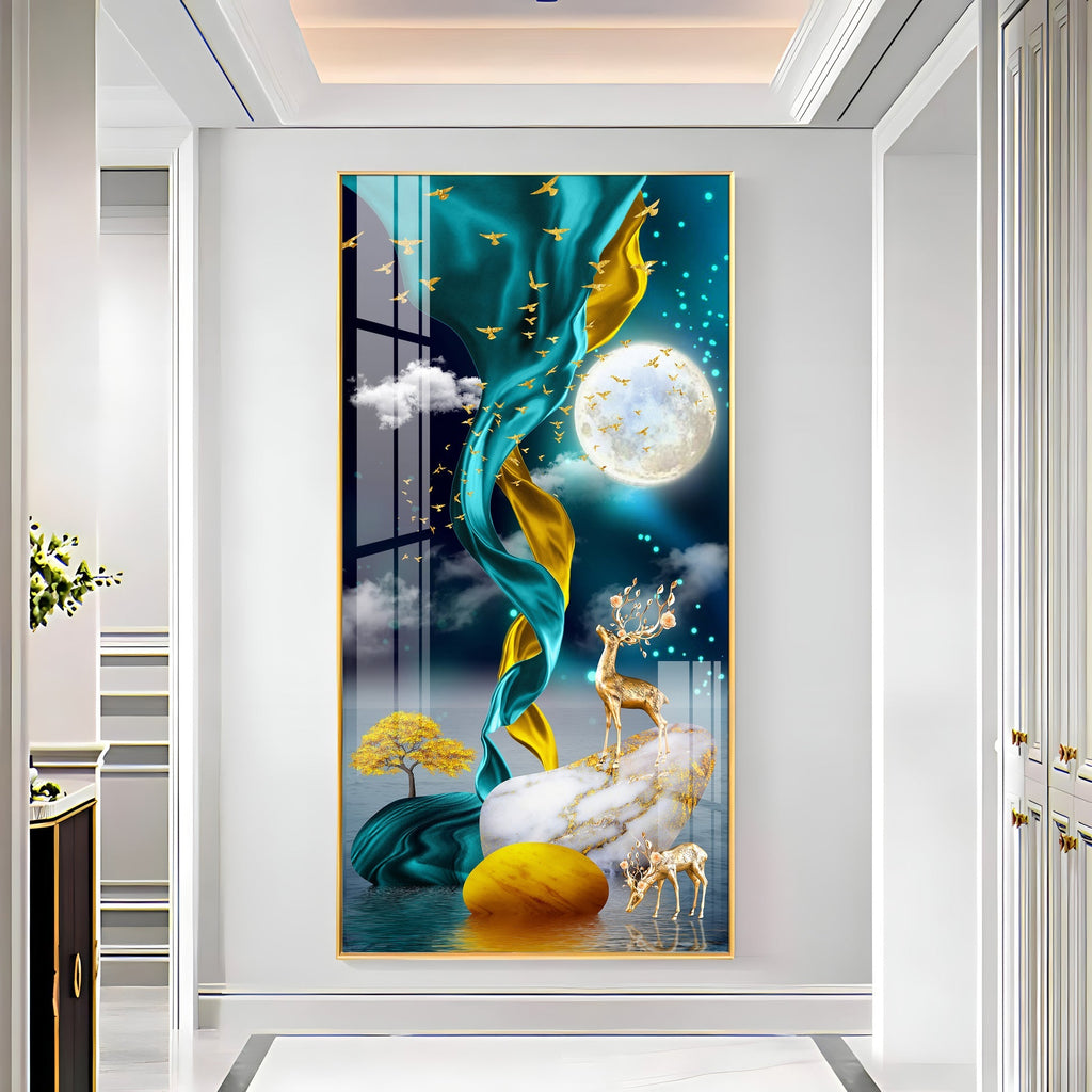 Luxury Abstract Deer Landscape Acrylic Wall Painting with Moonlight Sky and Golden Elements