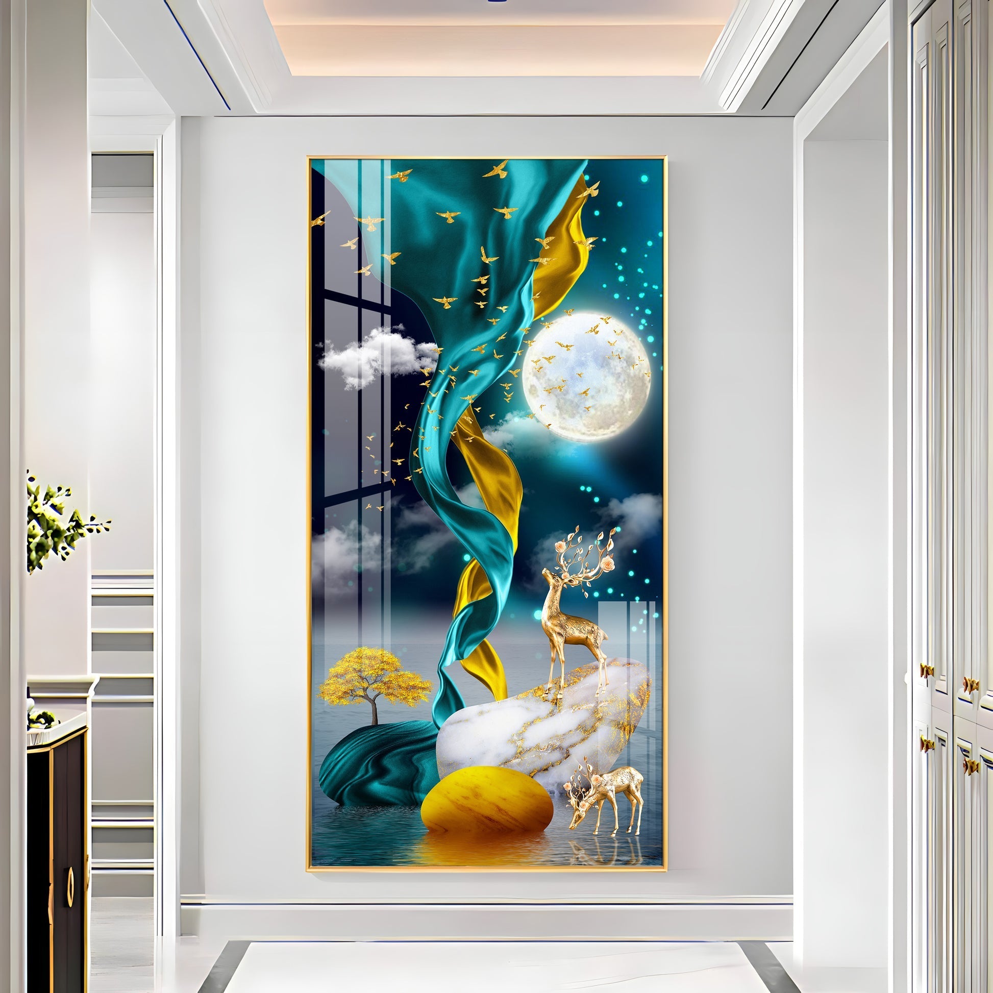 Luxury Abstract Deer Landscape Acrylic Wall Painting with Moonlight Sky and Golden Elements