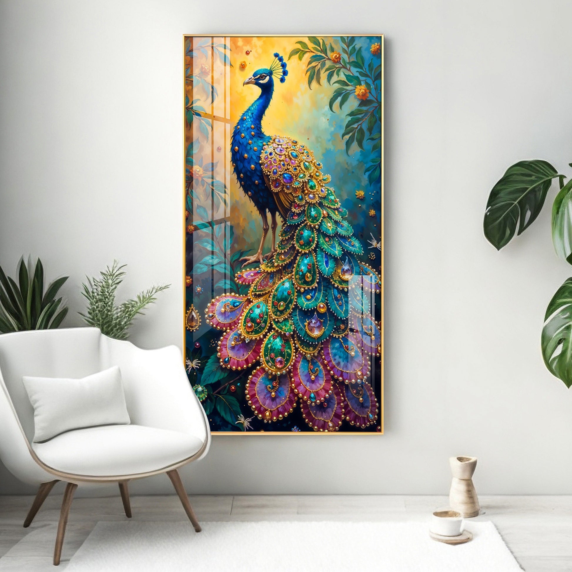 Artistic Peacock Acrylic Wall Painting with Detailed Feather Texture for Living Room Decoration