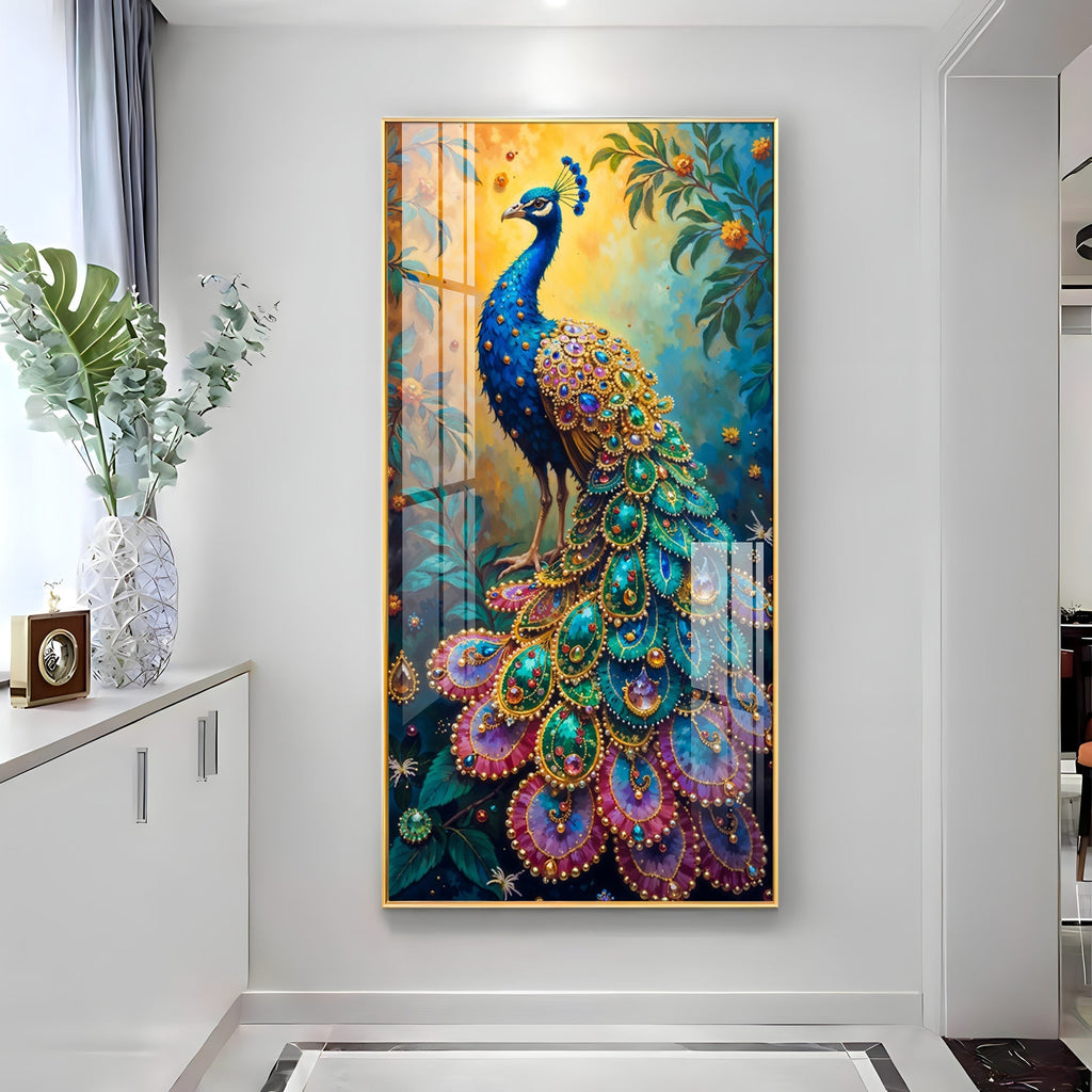 Artistic Peacock Acrylic Wall Painting with Detailed Feather Texture for Living Room Decoration