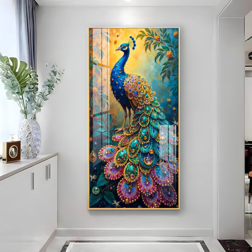 Artistic Peacock Acrylic Wall Painting with Detailed Feather Texture for Living Room Decoration