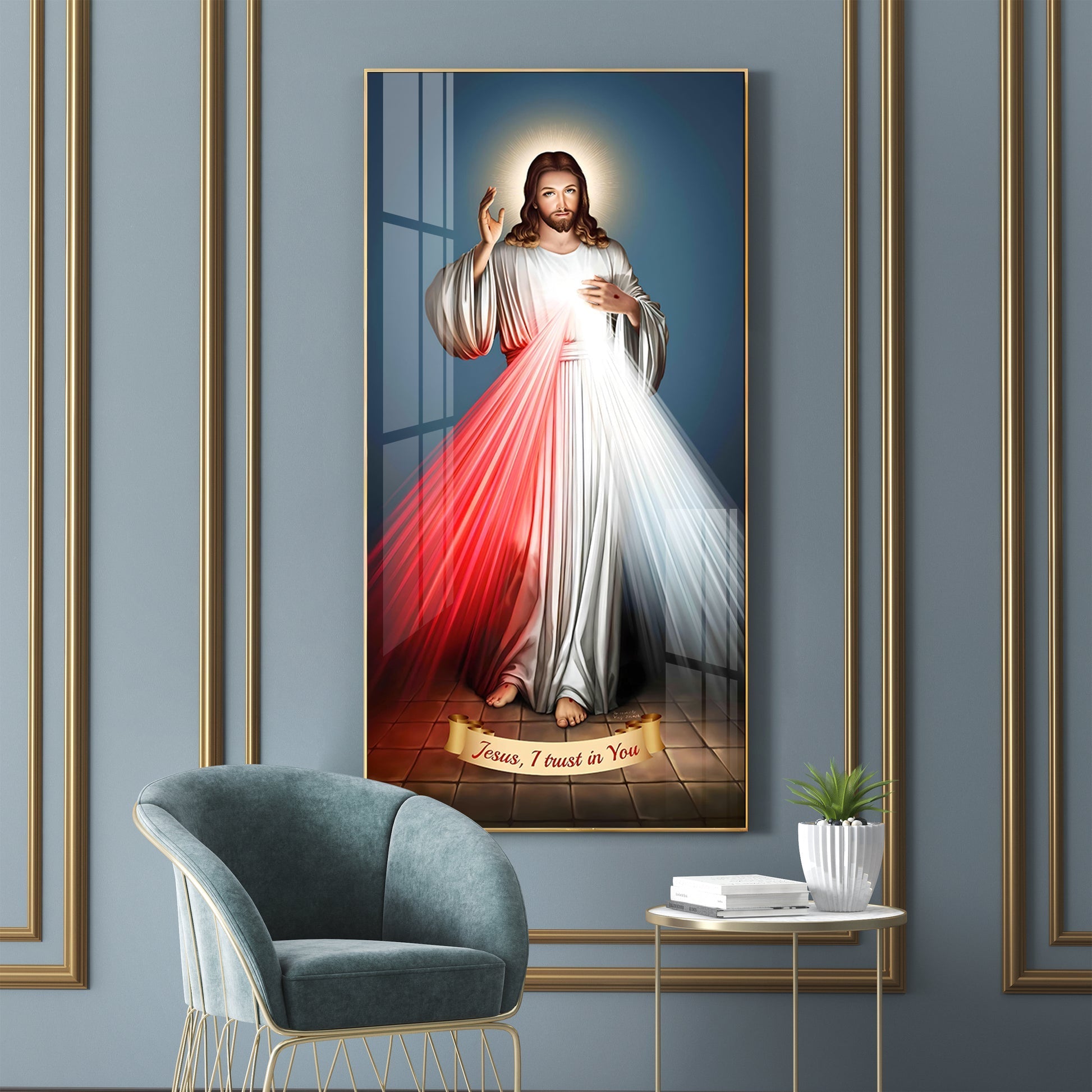 Premium Divine Mercy Jesus Acrylic Wall Painting with Healing Rays and Peaceful Expression