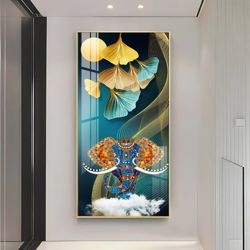 Luxury Elephant Head Art Acrylic Wall Painting with Gold and Blue Abstract Design