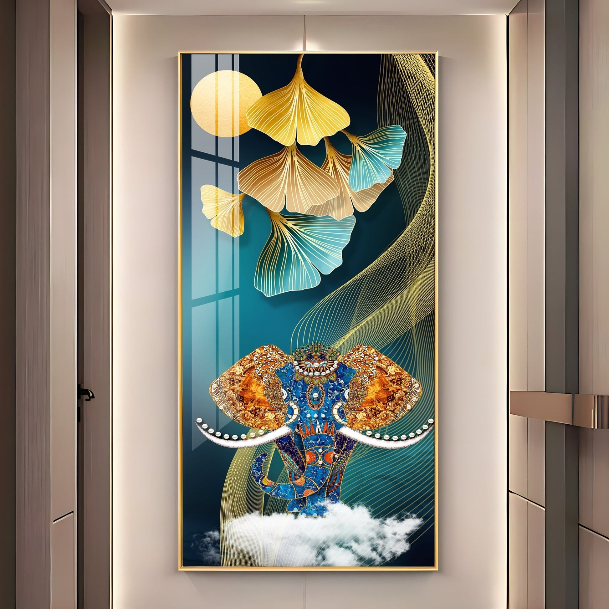 Luxury Elephant Head Art Acrylic Wall Painting with Gold and Blue Abstract Design