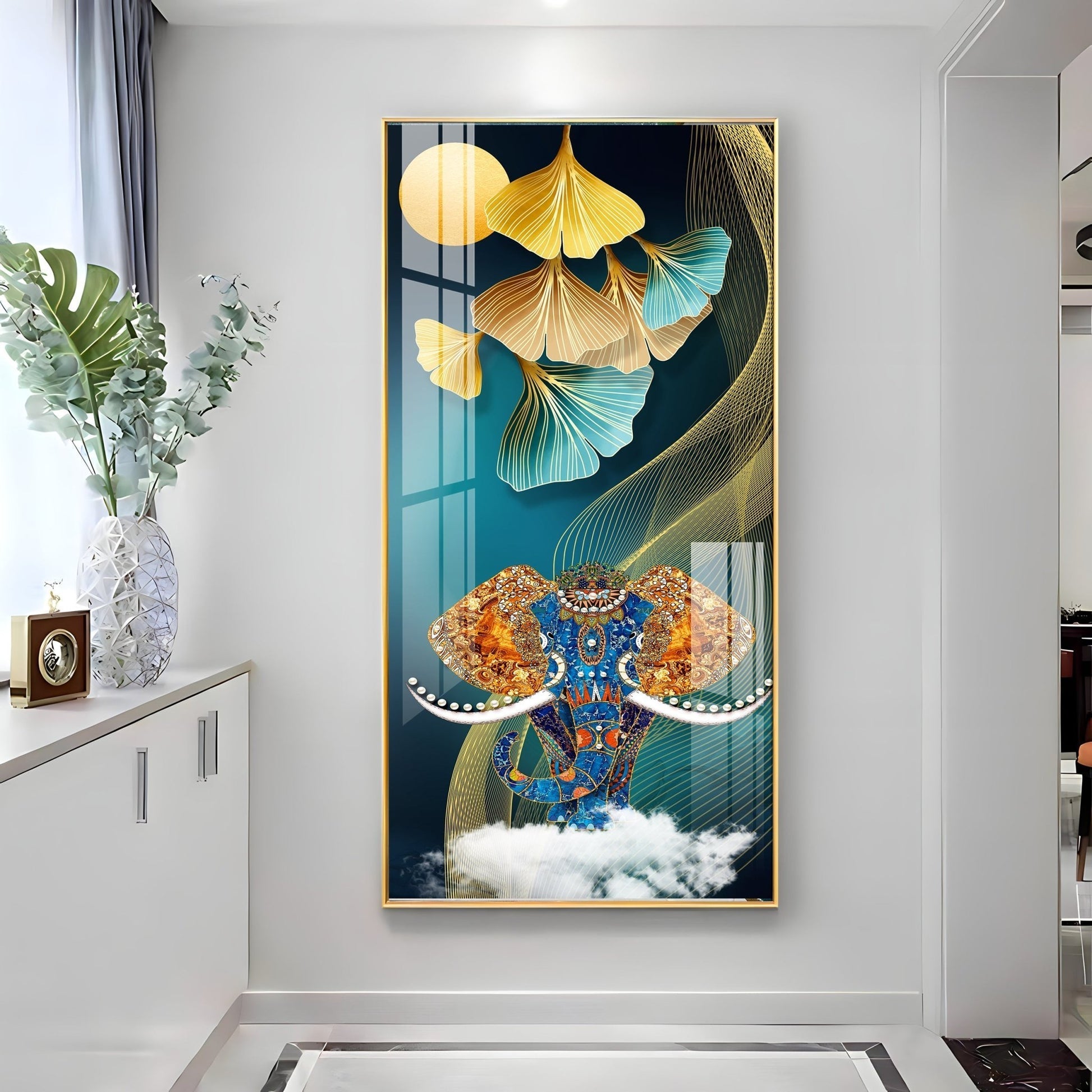 Luxury Elephant Head Art Acrylic Wall Painting with Gold and Blue Abstract Design