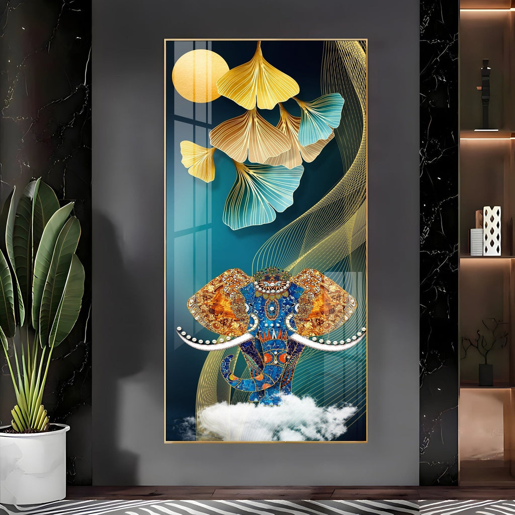 Luxury Elephant Head Art Acrylic Wall Painting with Gold and Blue Abstract Design
