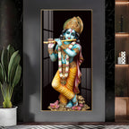 Sacred Lord Krishna Acrylic Wall Painting with Flute and Floral Base for Home Temple Decor