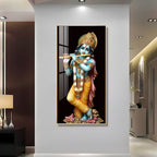 Sacred Lord Krishna Acrylic Wall Painting with Flute and Floral Base for Home Temple Decor