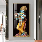 Sacred Lord Krishna Acrylic Wall Painting with Flute and Floral Base for Home Temple Decor