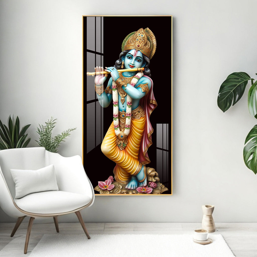 Sacred Lord Krishna Acrylic Wall Painting with Flute and Floral Base for Home Temple Decor