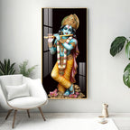 Sacred Lord Krishna Acrylic Wall Painting with Flute and Floral Base for Home Temple Decor
