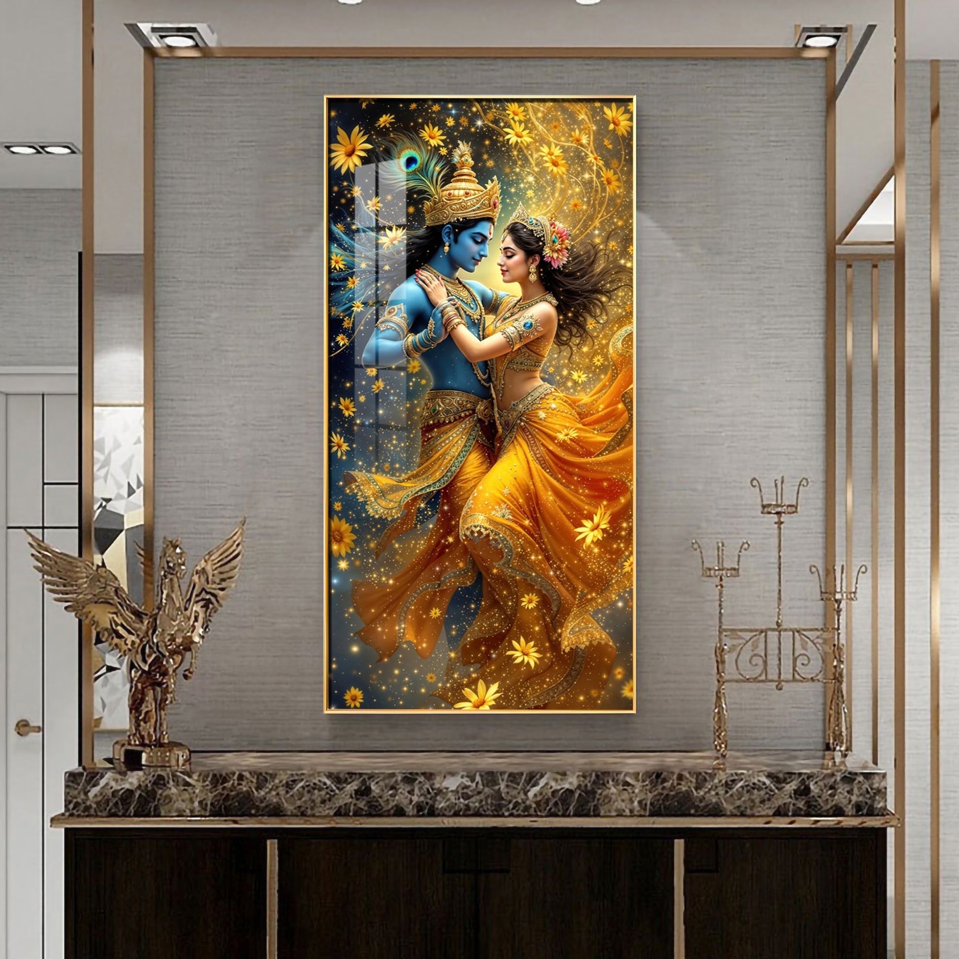Divine Radha Krishna Acrylic Wall Painting with Vibrant Yellow Attire and Magical Light Effects