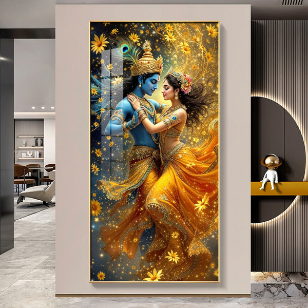 Divine Radha Krishna Acrylic Wall Painting with Vibrant Yellow Attire and Magical Light Effects