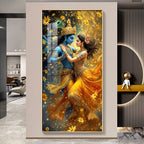Divine Radha Krishna Acrylic Wall Painting with Vibrant Yellow Attire and Magical Light Effects