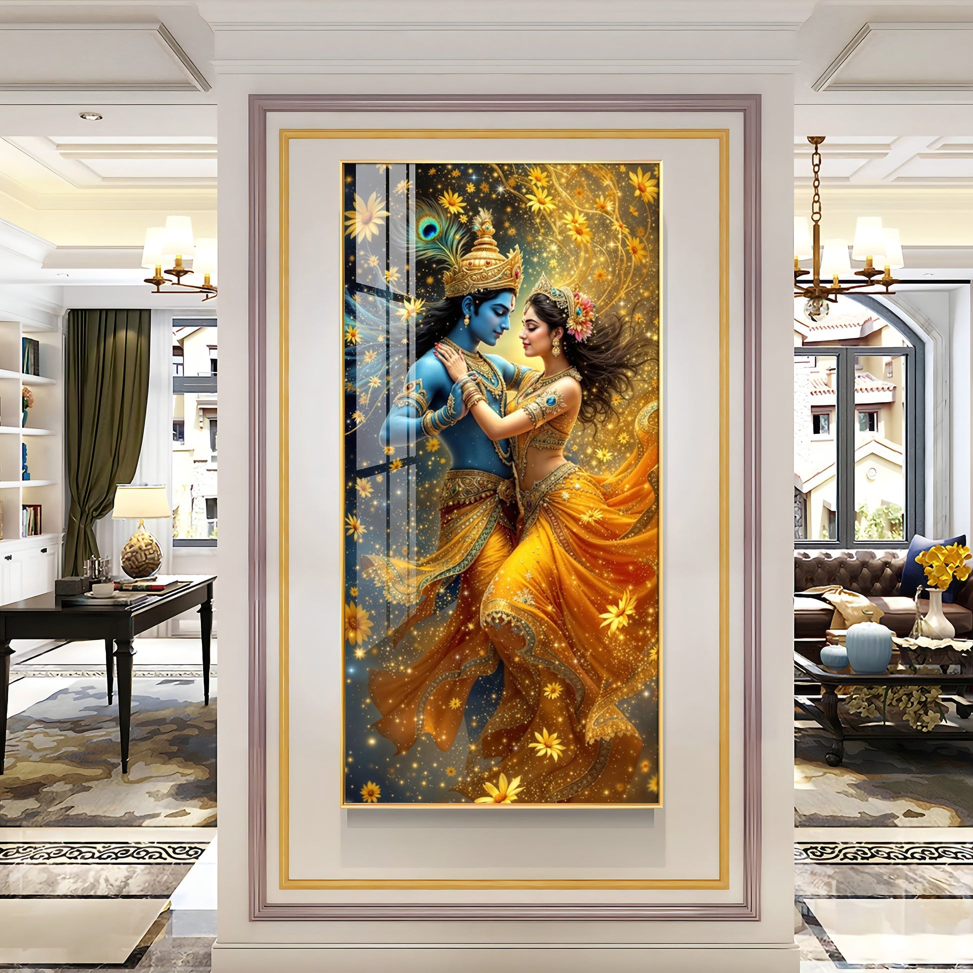 Divine Radha Krishna Acrylic Wall Painting with Vibrant Yellow Attire and Magical Light Effects