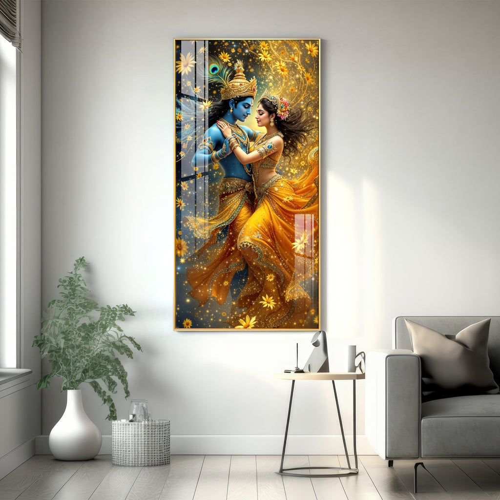 Divine Radha Krishna Acrylic Wall Painting with Vibrant Yellow Attire and Magical Light Effects