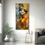 Divine Radha Krishna Acrylic Wall Painting with Vibrant Yellow Attire and Magical Light Effects