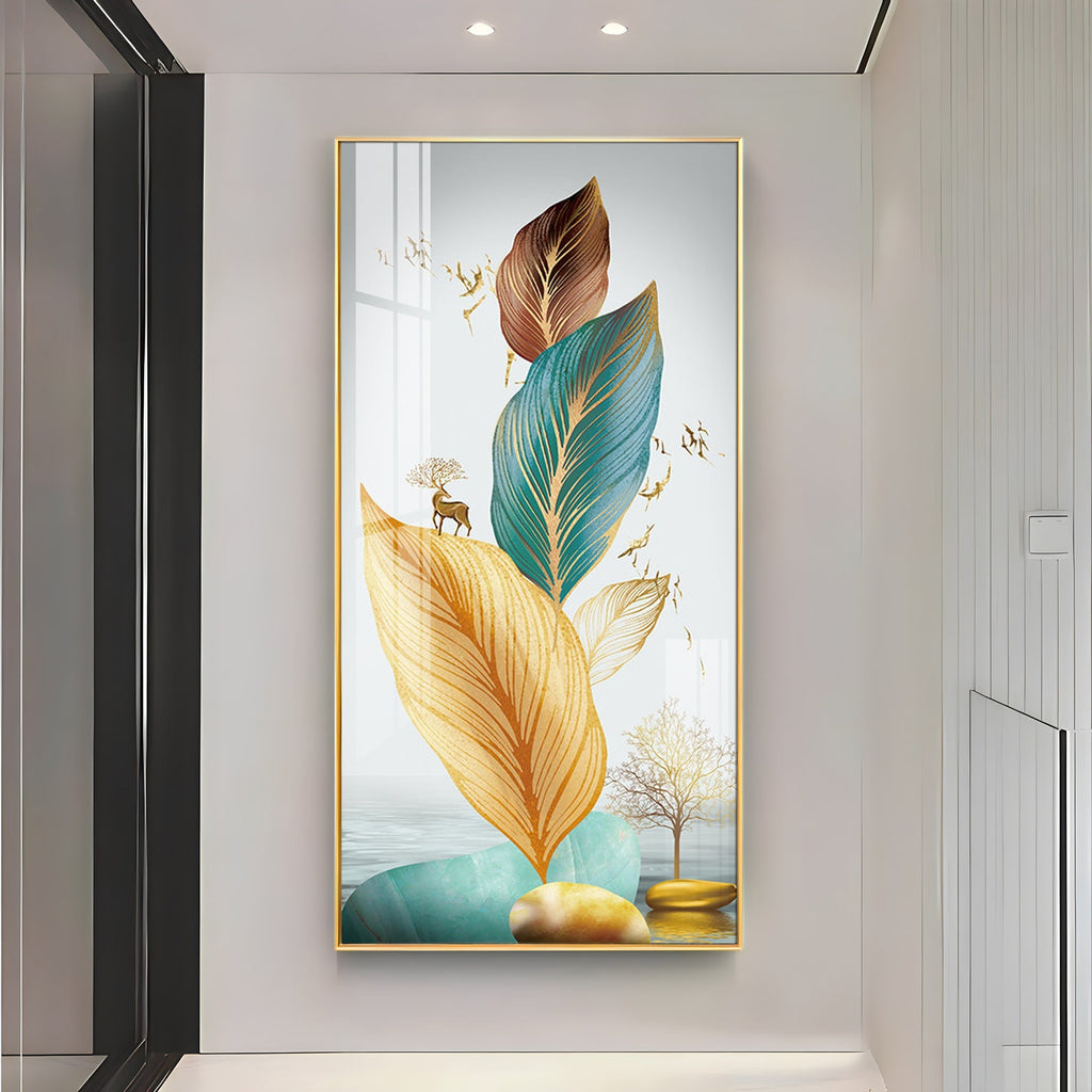 Modern Abstract Leaves Acrylic Wall Painting with Gold Accents and Minimal Nature Theme