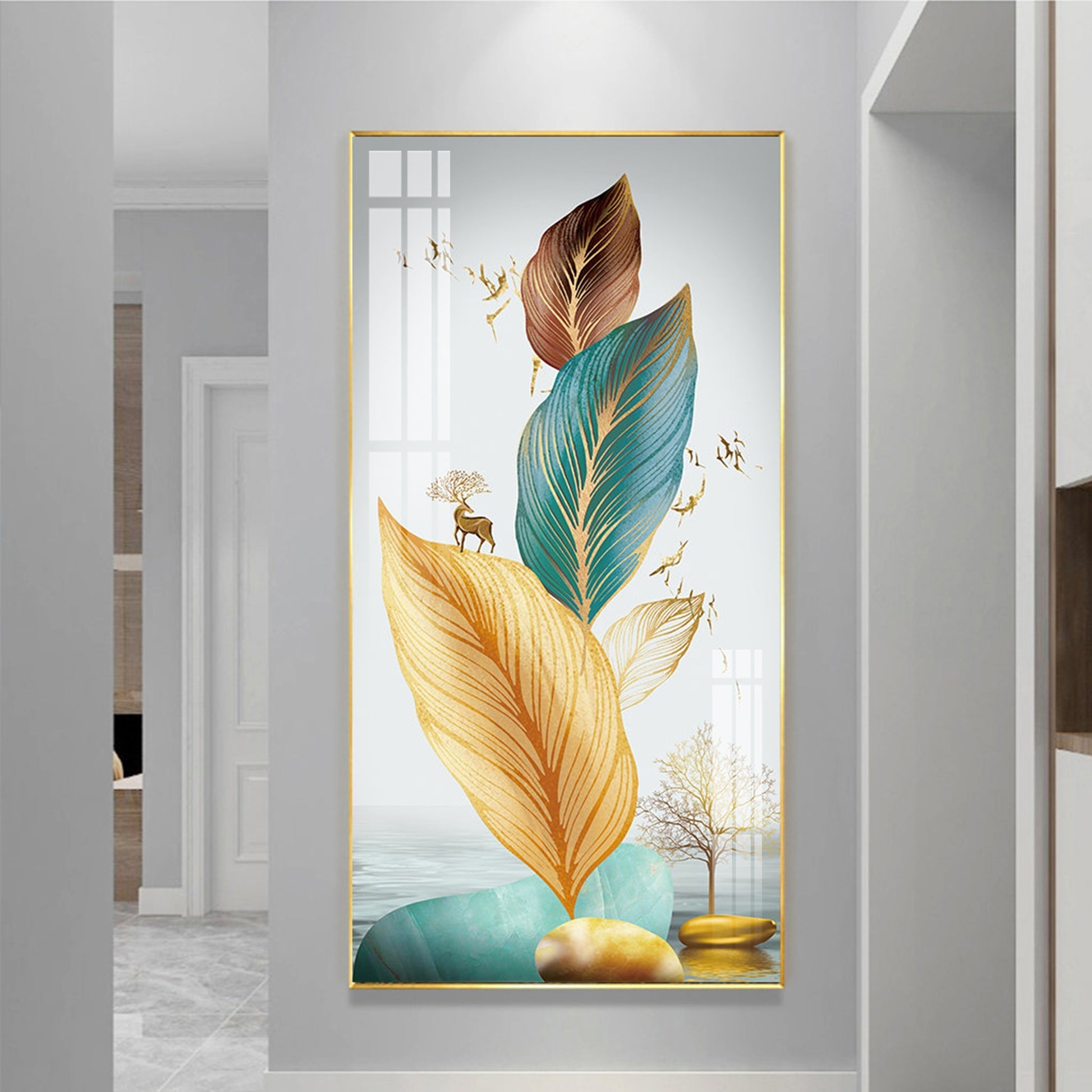 Modern Abstract Leaves Acrylic Wall Painting with Gold Accents and Minimal Nature Theme