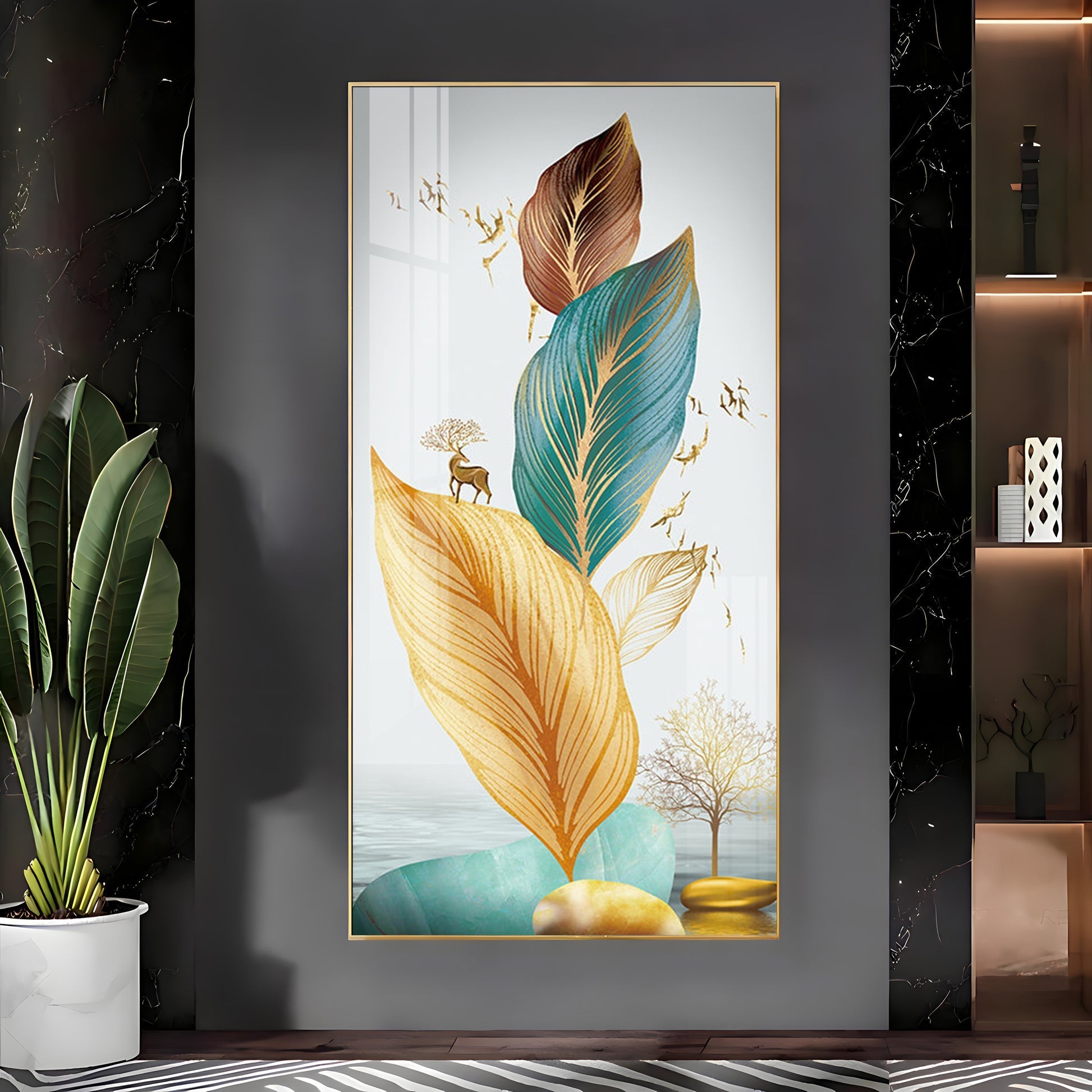 Modern Abstract Leaves Acrylic Wall Painting with Gold Accents and Minimal Nature Theme