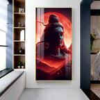 Divine Lord Shiva Acrylic Wall Painting with Red Moon Background and Spiritual Aura Art