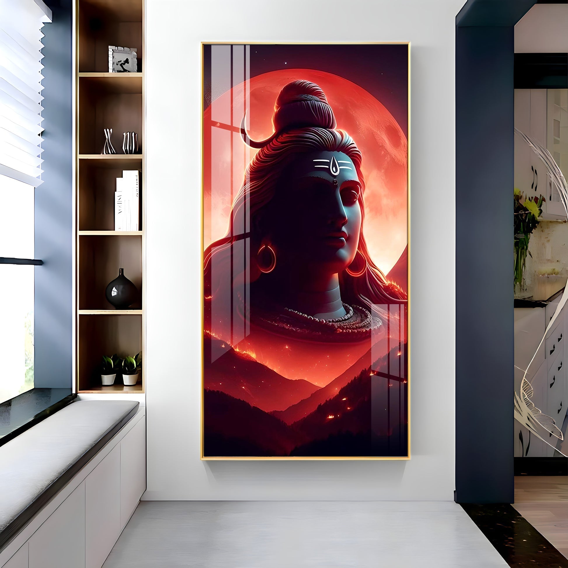 Divine Lord Shiva Acrylic Wall Painting with Red Moon Background and Spiritual Aura Art