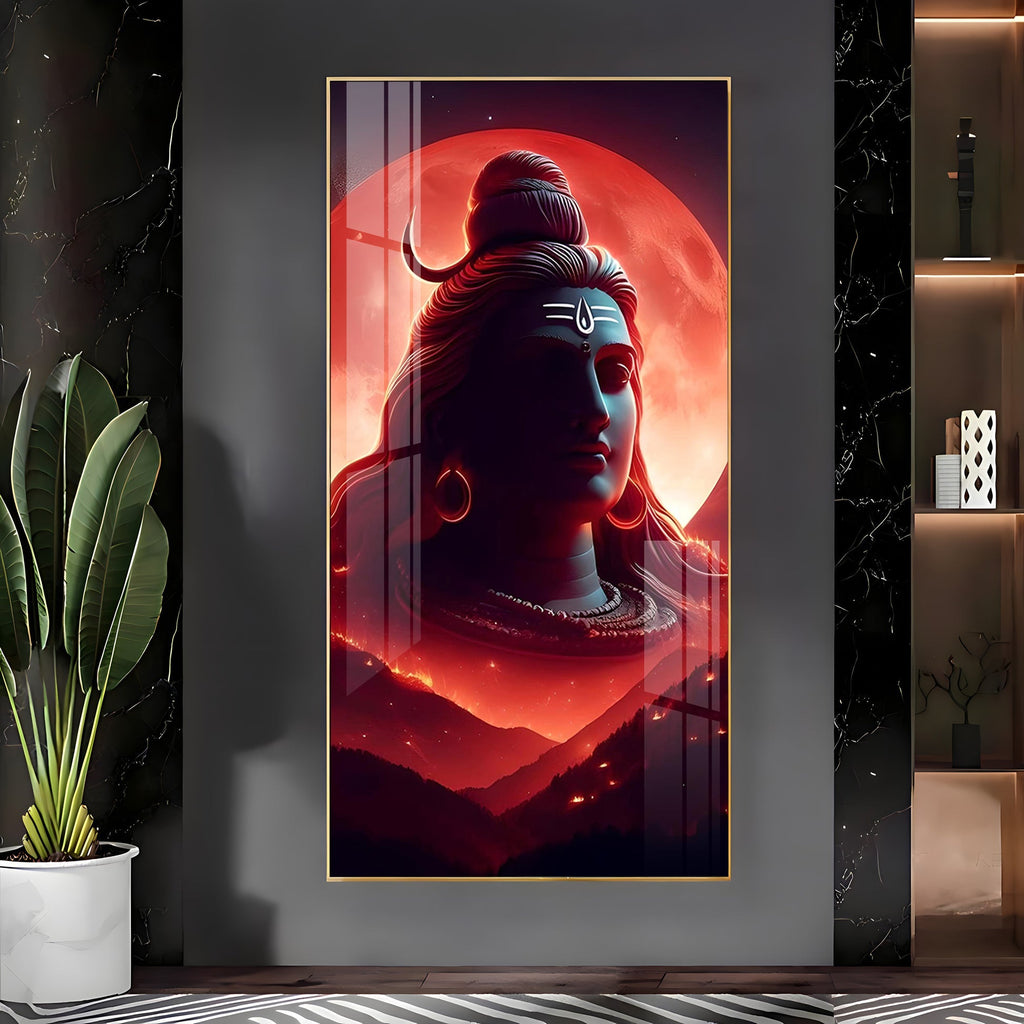 Divine Lord Shiva Acrylic Wall Painting with Red Moon Background and Spiritual Aura Art
