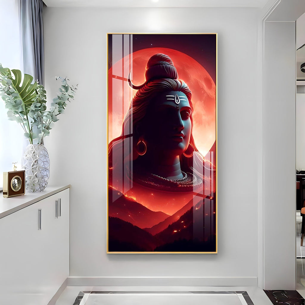 Divine Lord Shiva Acrylic Wall Painting with Red Moon Background and Spiritual Aura Art