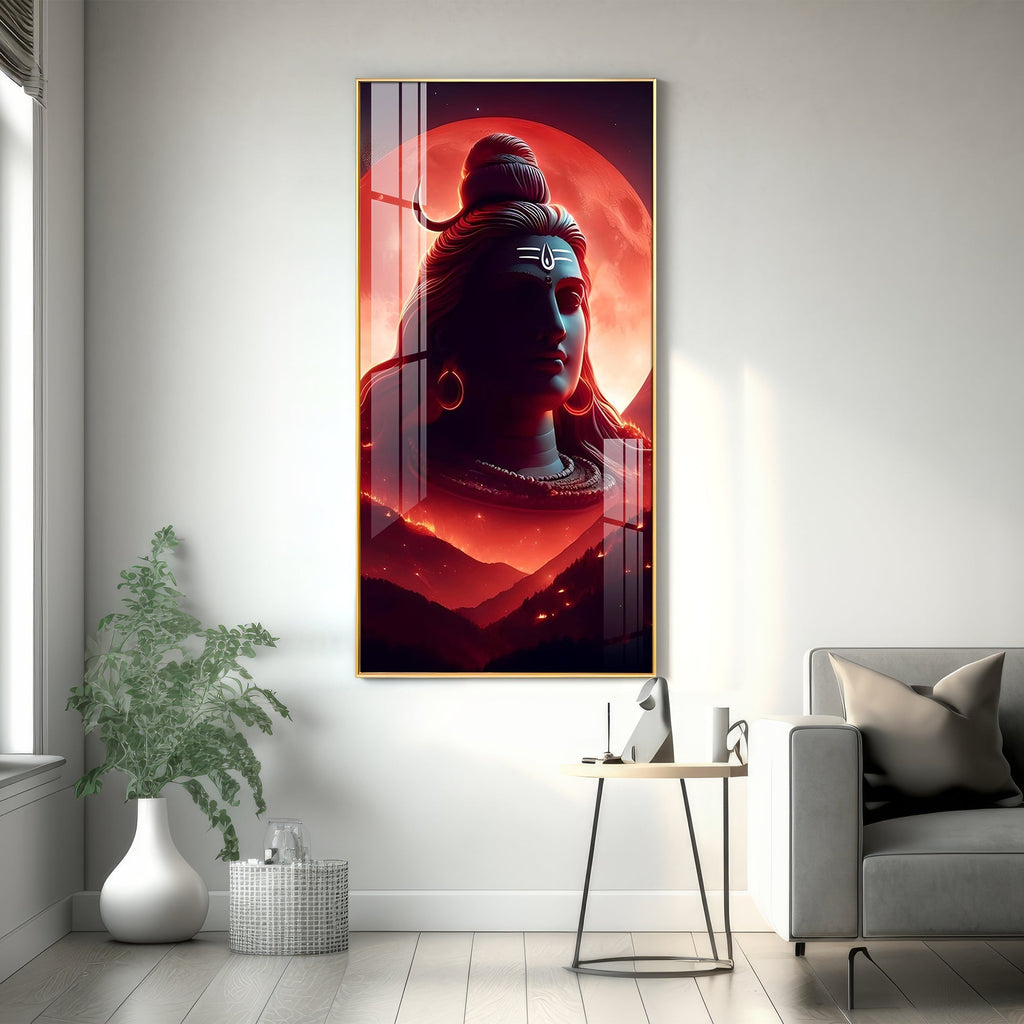 Divine Lord Shiva Acrylic Wall Painting with Red Moon Background and Spiritual Aura Art