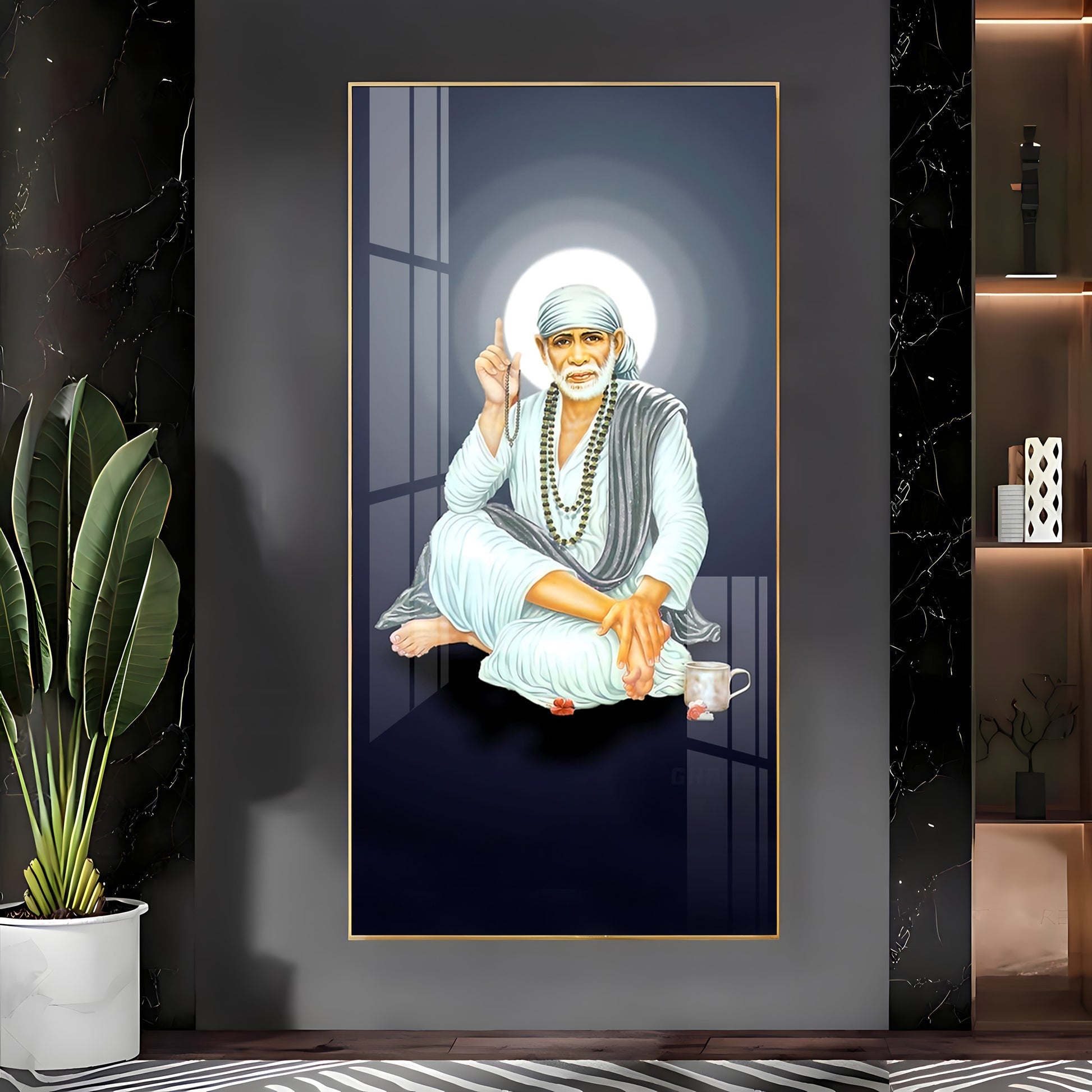 Sacred Sai Baba Wall Art Acrylic Painting with Calm Expression and Devotional Theme