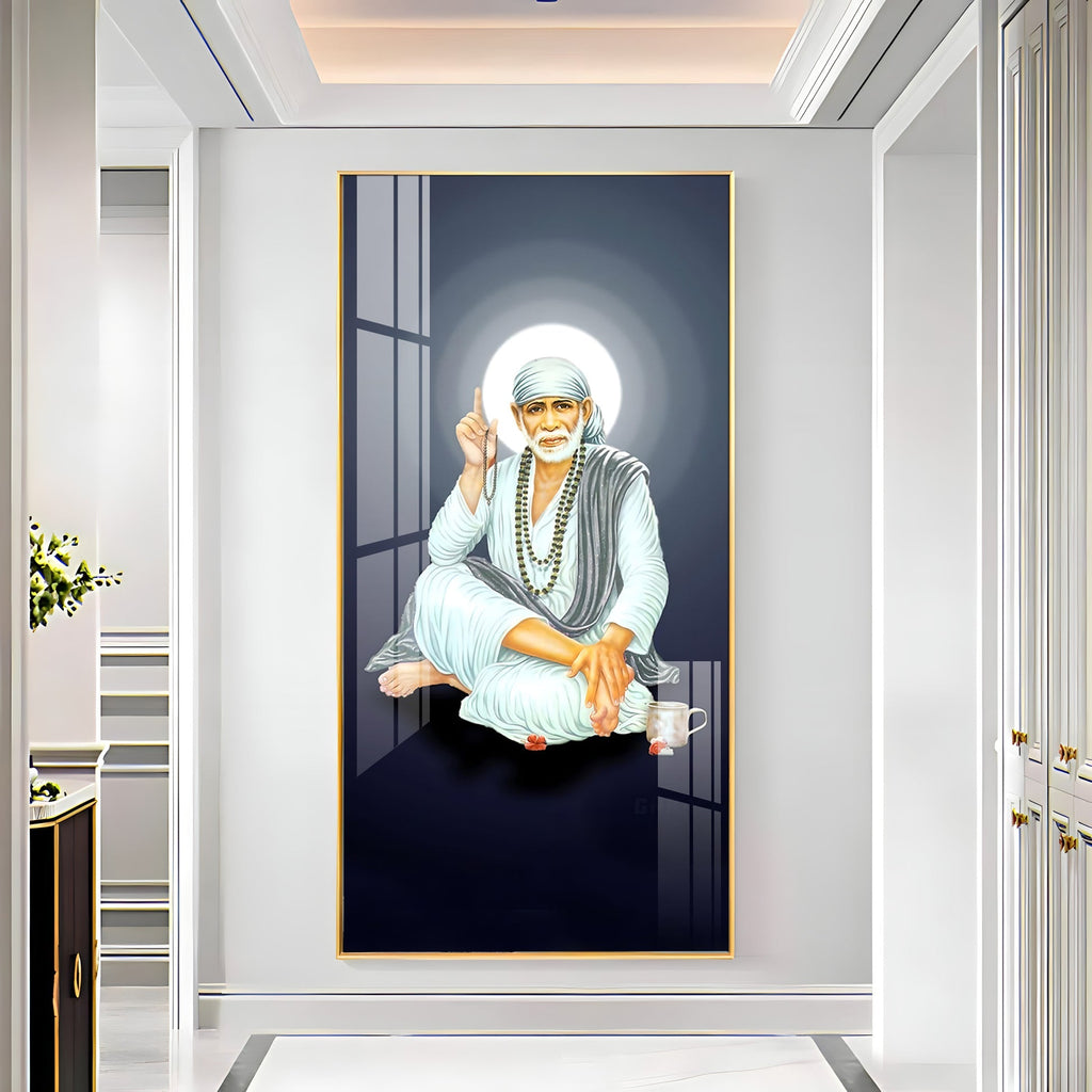 Sacred Sai Baba Wall Art Acrylic Painting with Calm Expression and Devotional Theme