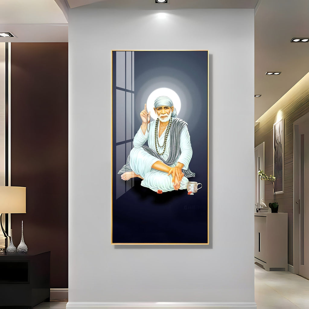 Sacred Sai Baba Wall Art Acrylic Painting with Calm Expression and Devotional Theme