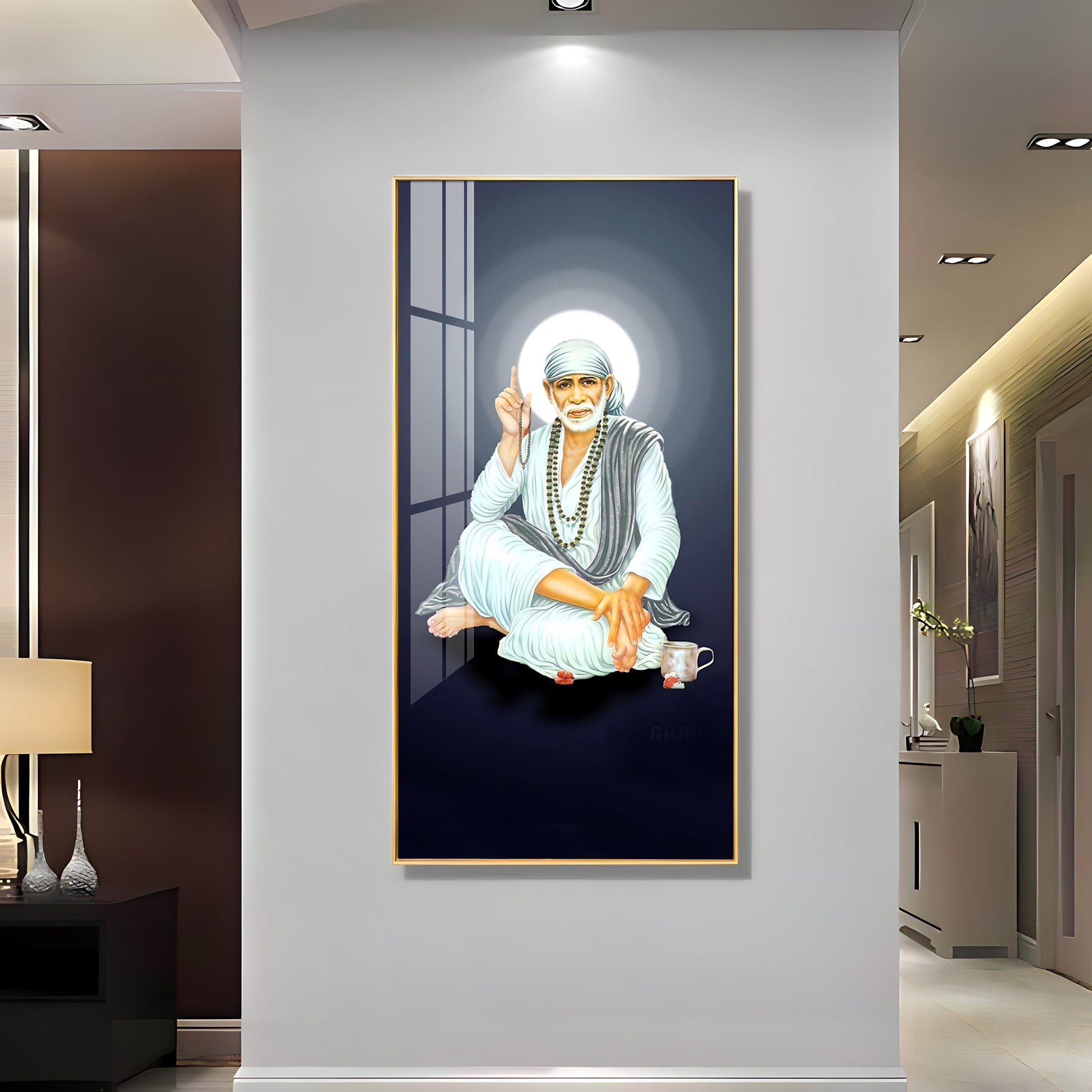 Sacred Sai Baba Wall Art Acrylic Painting with Calm Expression and Devotional Theme