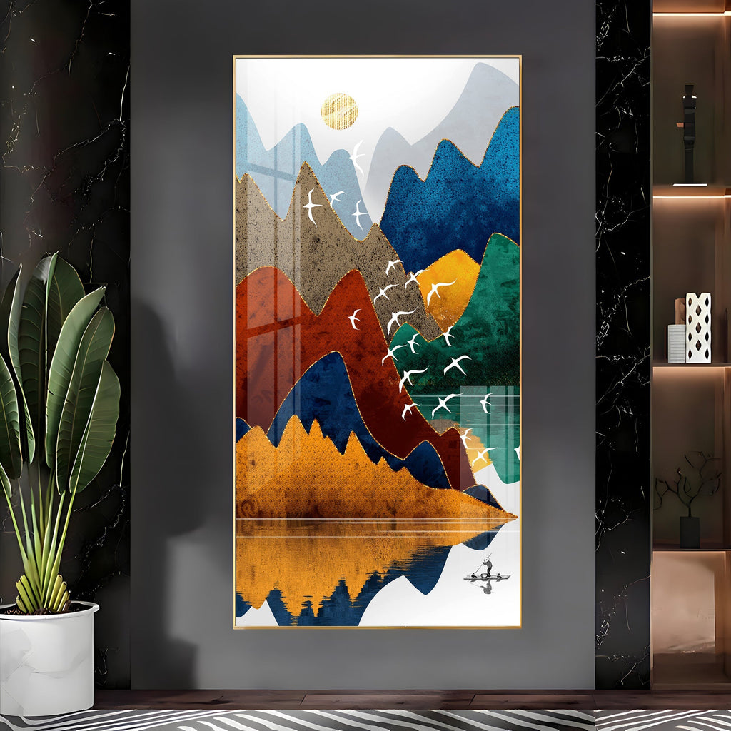 Artistic Nature Inspired Acrylic Wall Art with Multicolor Mountains, Birds and Lake Reflection