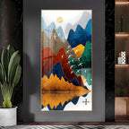 Artistic Nature Inspired Acrylic Wall Art with Multicolor Mountains, Birds and Lake Reflection