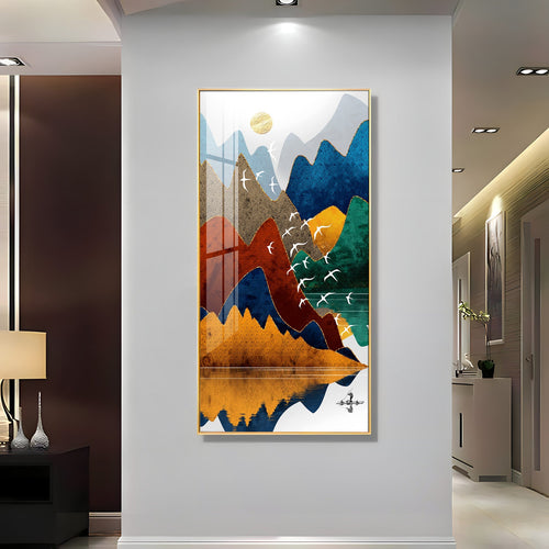 Artistic Nature Inspired Acrylic Wall Art with Multicolor Mountains, Birds and Lake Reflection