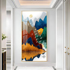 Artistic Nature Inspired Acrylic Wall Art with Multicolor Mountains, Birds and Lake Reflection