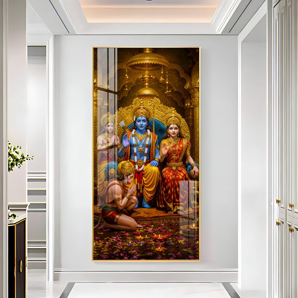 Premium Lord Ram Darbar Acrylic Wall Painting with Hanuman Ji Bhakti Pose and Royal Decor Style