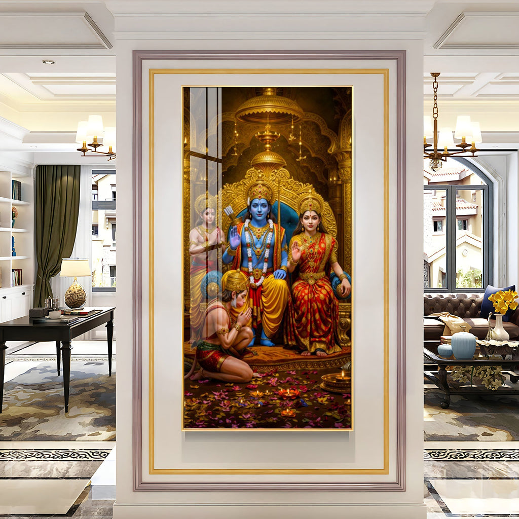 Premium Lord Ram Darbar Acrylic Wall Painting with Hanuman Ji Bhakti Pose and Royal Decor Style