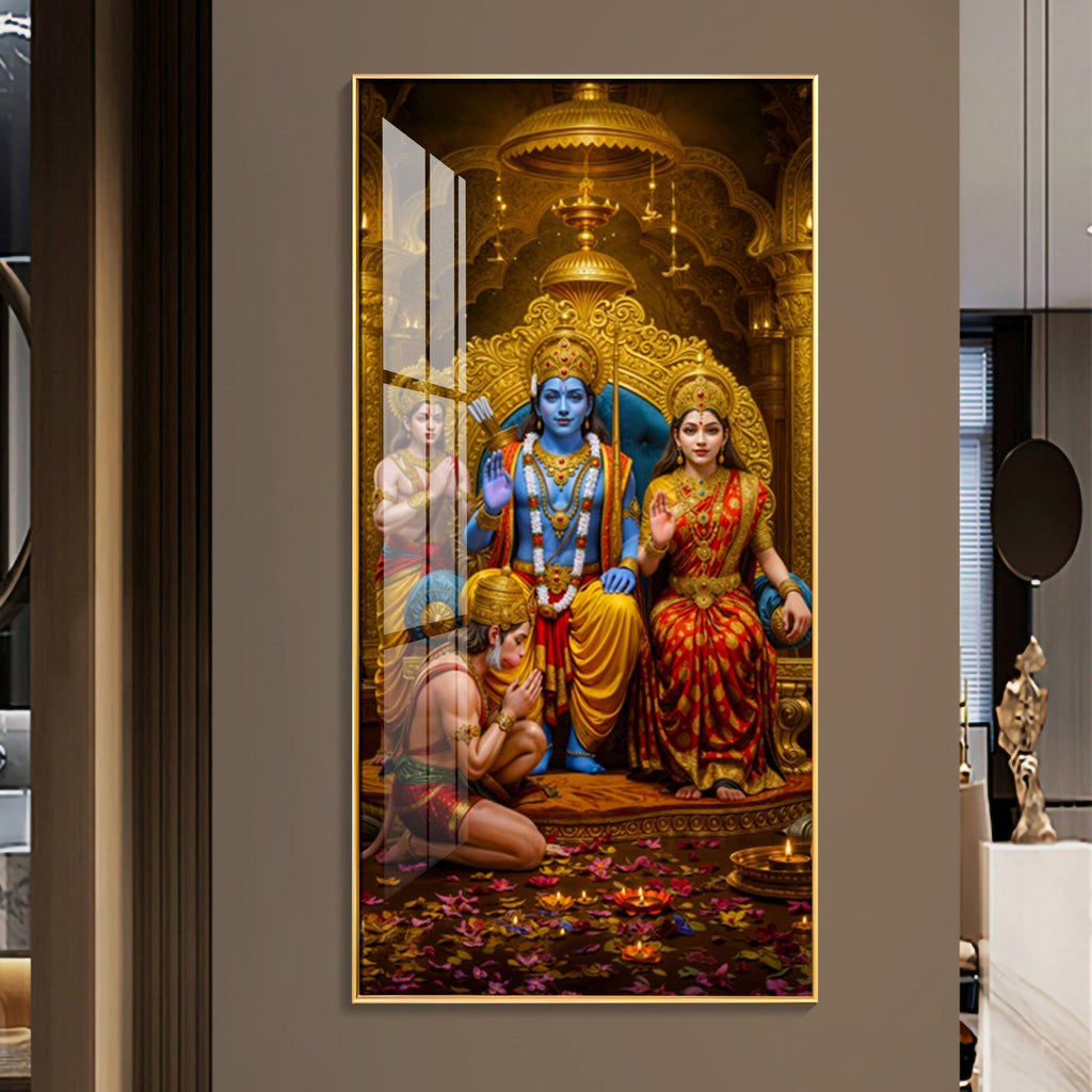 Premium Lord Ram Darbar Acrylic Wall Painting with Hanuman Ji Bhakti Pose and Royal Decor Style