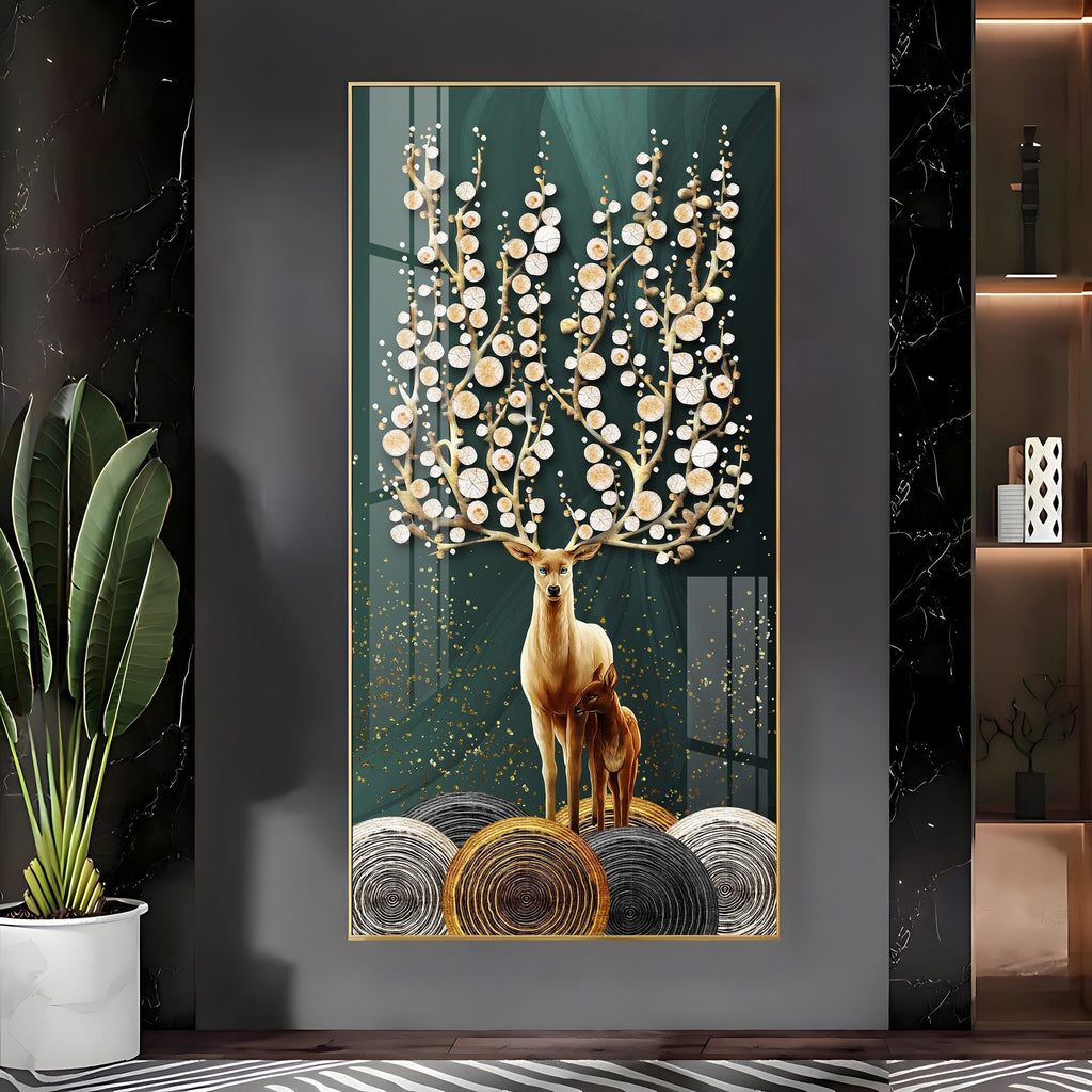 Premium Wildlife Acrylic Wall Art with Deer and Fawn, Abstract Tree Design and Luxury Finish