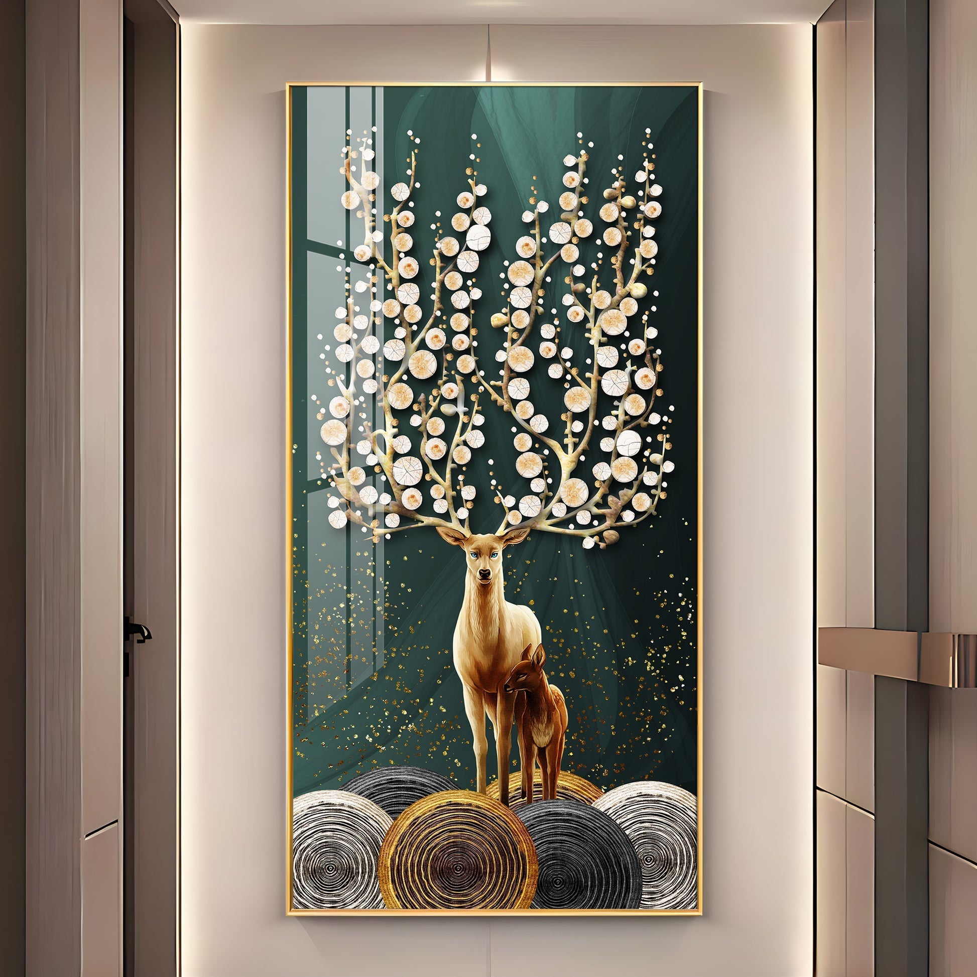 Premium Wildlife Acrylic Wall Art with Deer and Fawn, Abstract Tree Design and Luxury Finish