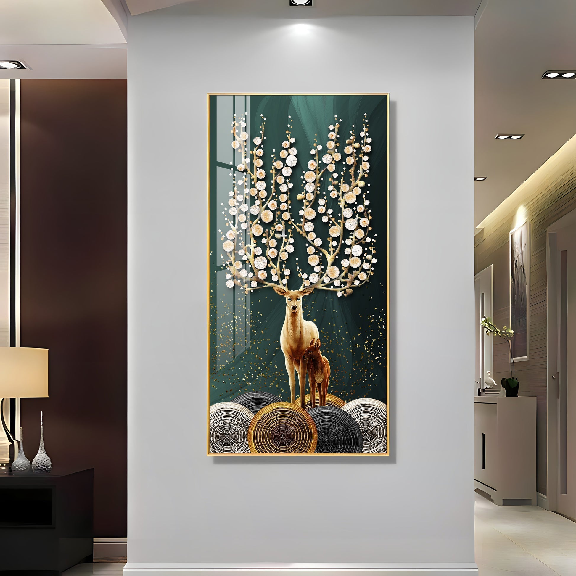 Premium Wildlife Acrylic Wall Art with Deer and Fawn, Abstract Tree Design and Luxury Finish