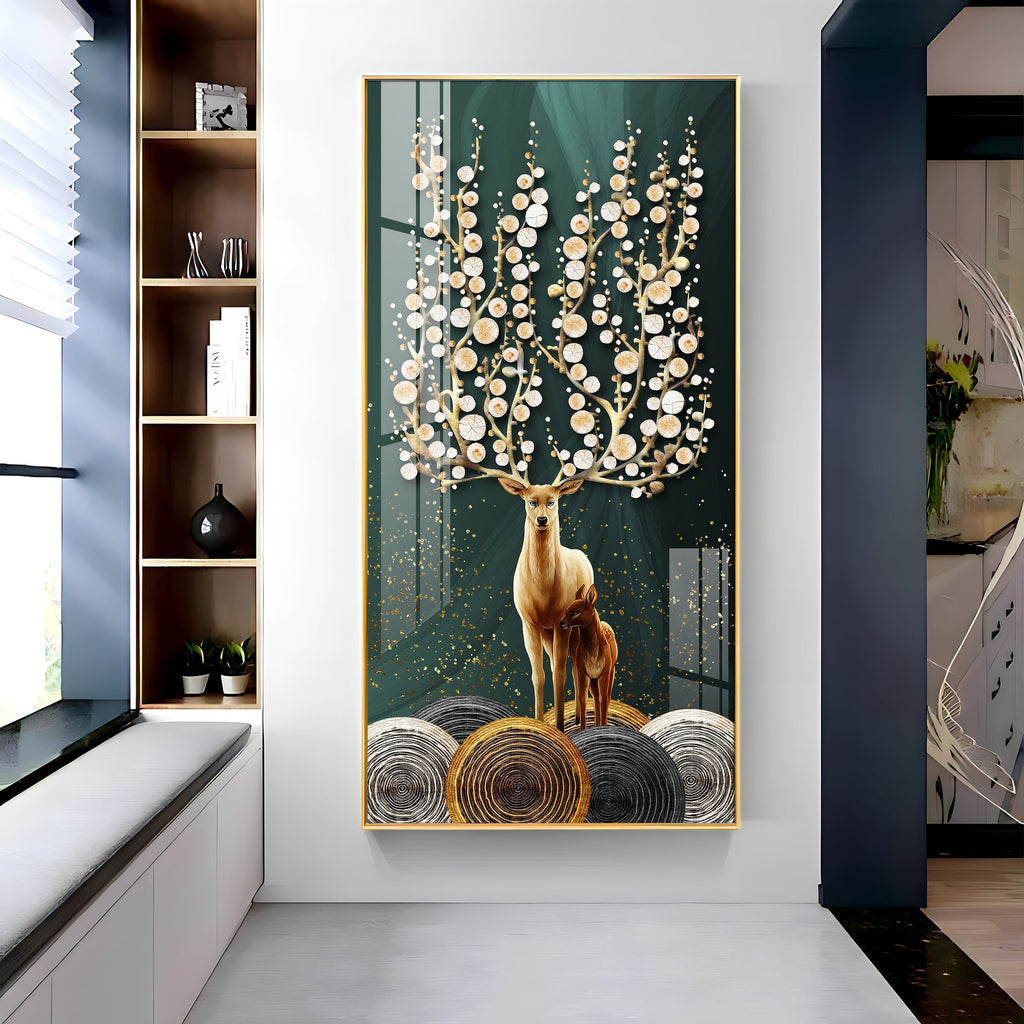 Premium Wildlife Acrylic Wall Art with Deer and Fawn, Abstract Tree Design and Luxury Finish