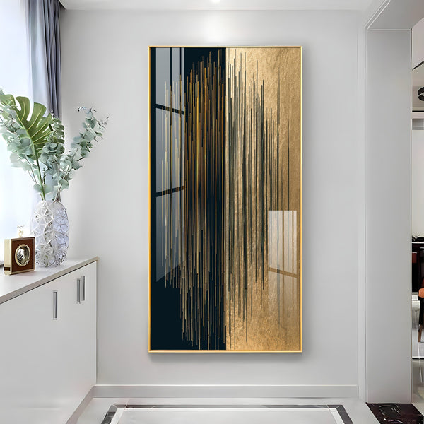 Premium Gold and Black Abstract Acrylic Wall Art with Vertical Line Design for Living Room Decoration
