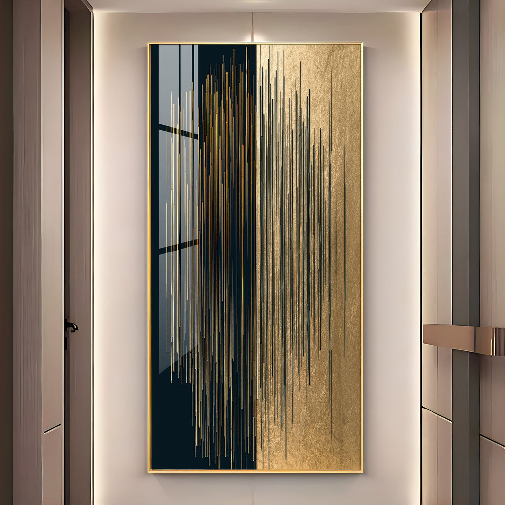 Premium Gold and Black Abstract Acrylic Wall Art with Vertical Line Design for Living Room Decoration