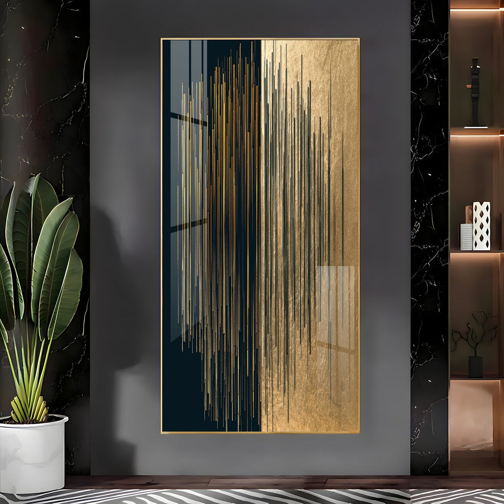 Premium Gold and Black Abstract Acrylic Wall Art with Vertical Line Design for Living Room Decoration